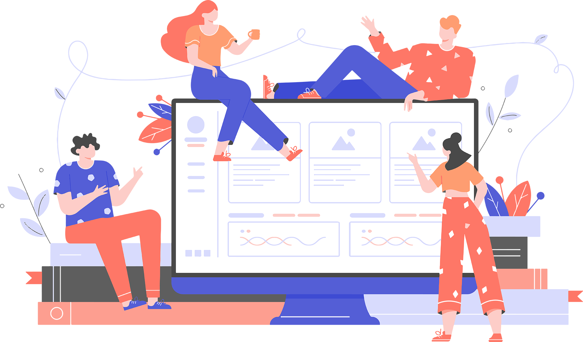 Illustrazione con persone che lavorano davanti a un grande monitor, grafici e fogli su schermo.